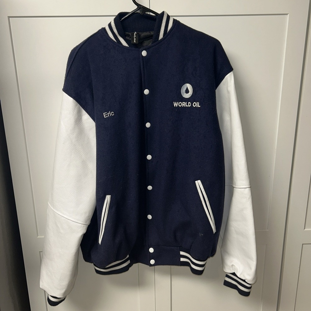 World Oil Varsity Jacket webjacket.com Mens Size XL‎ Blue & White